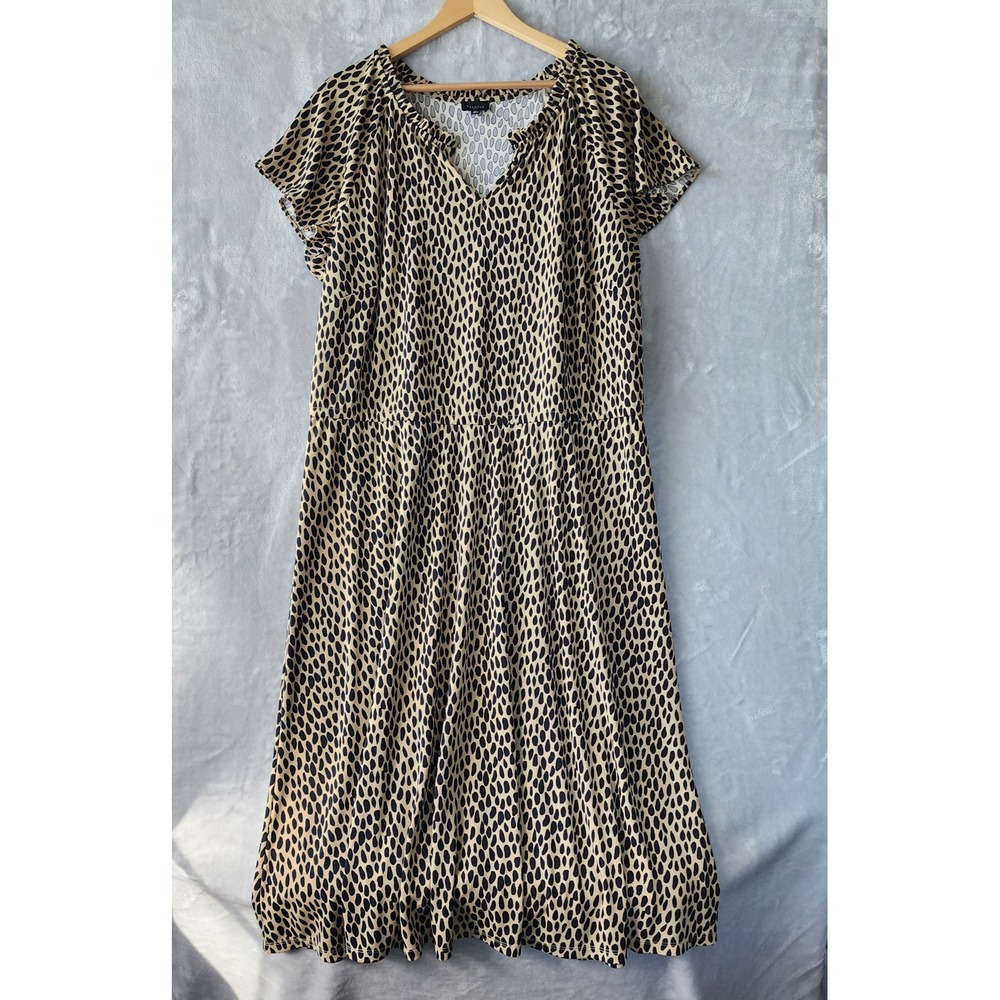 Talbots Black and Beige Dotted V-Neck Midi Dress
